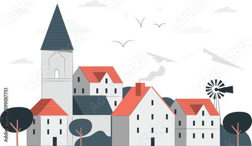 Village scene with church, houses, windmill, trees, and birds in a serene landscape from a distant viewpoint