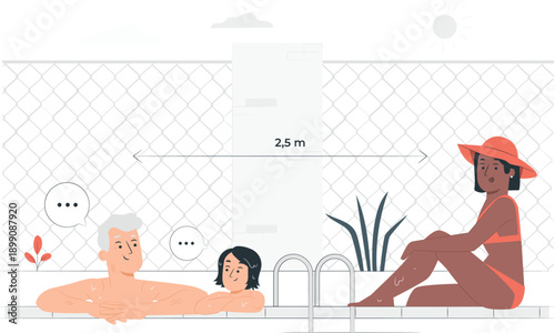 Diverse couple relaxing in a swimming pool with a woman sitting on the edge nearby