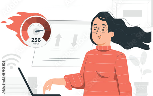 Woman using laptop with speedometer graphic indicating fast internet connection speed