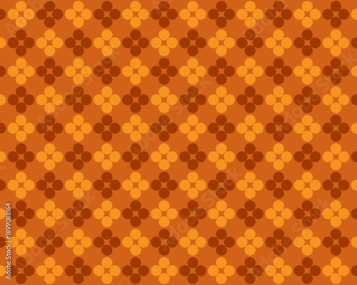 オレンジとブラウンの幾何学的な円形パターン背景素材。水平ラインと丸いモチーフが規則正しく並んだシームレスなデザインで、レトロでモダンな雰囲気を演出します。秋のプロモーション、バナー、ラッピング用紙、ウェブサイトのバックグラウンドなど、多目的に使用できる抽象的なベクターテクスチャです。