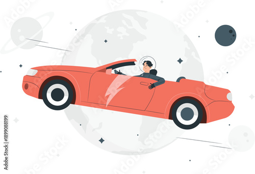 Woman driving a red convertible car in outer space with stars and planets around