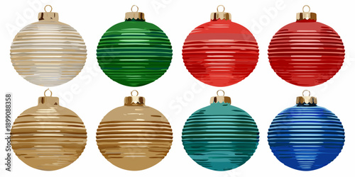 A collection of colorful striped christmas ornaments displayed in two rows