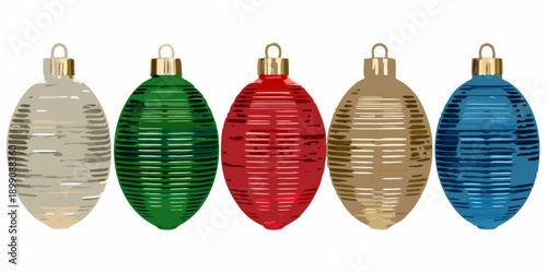Five vintage christmas ornaments in a row various colors and textures