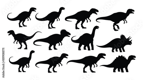 A diverse collection of dinosaur silhouettes in various poses and orientations Vector