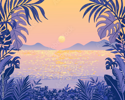 Tropical sunset over calm water framed by lush foliage