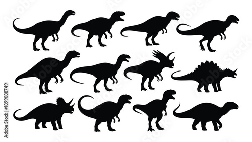 A diverse collection of twelve different dinosaur silhouettes Vector