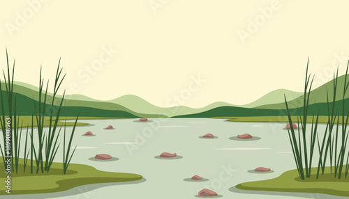 Serene landscape with a calm river surrounded by lush greenery  