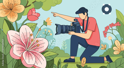 Professional Nature Photographer Kneeling in a Lush Garden to Capture a Close-Up Shot of a Beautiful Pink Lily Flower with a Large DSLR Camera