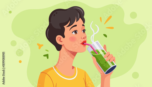 Young person drinking green smoothie with straw on colorful background  