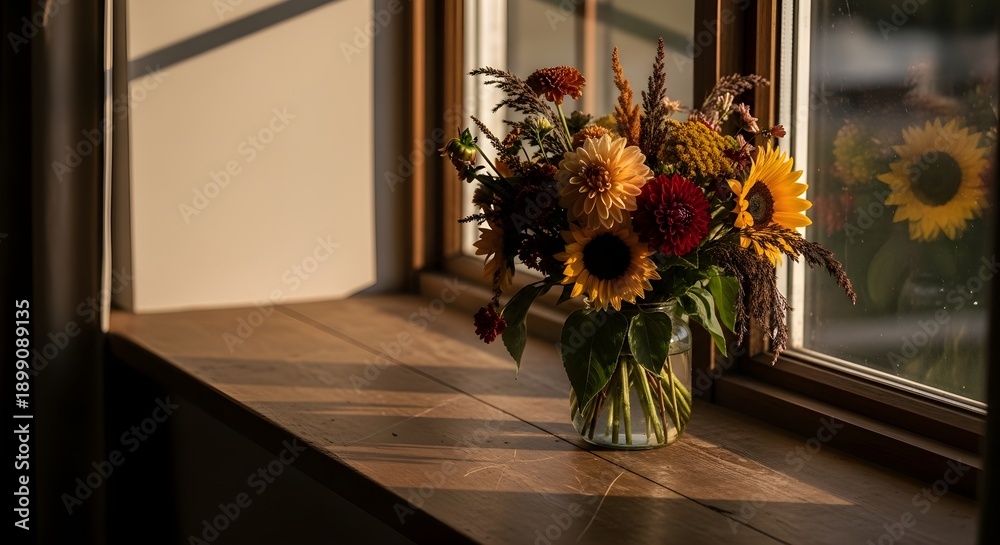 Fototapeta premium Vibrant floral arrangement on windowsill illuminated by warm sunlight indoors