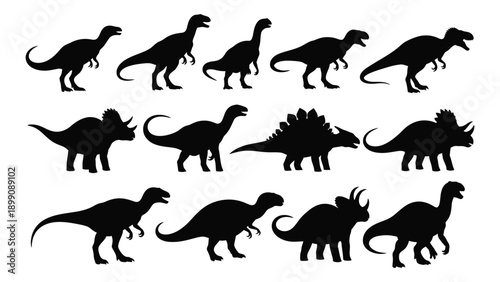 Diverse collection of dinosaur silhouettes showcasing various species and poses Vector
