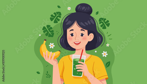 Young woman holding banana and green smoothie with cheerful expression  