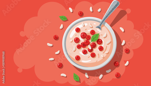 Colorful bowl of yogurt with berries and mint on red background  