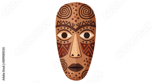 Elongated Tribal Mask Illustration with Intricate Swirl and Triangle Patterns in Multiple Brown Shades Isolated for Cultural Diversity and Art Projects