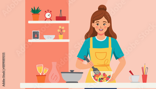 Young woman cooking salad in kitchen with bright pastel background  