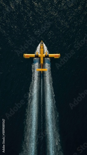 Yellow Seaplane Scooping Water for Firefighting