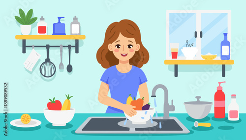 Young woman washing fruits in kitchen with modern decor  