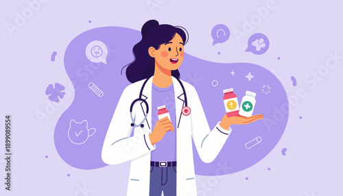 Female pharmacist holding medicine bottles with colorful background  
