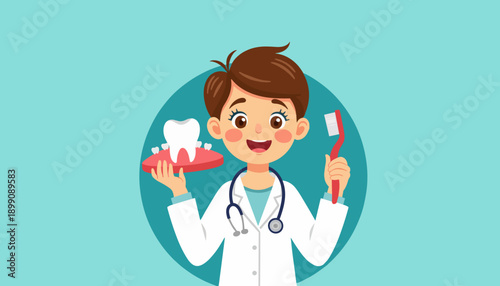 Cartoon dentist holding toothbrush and tooth model in lab coat  