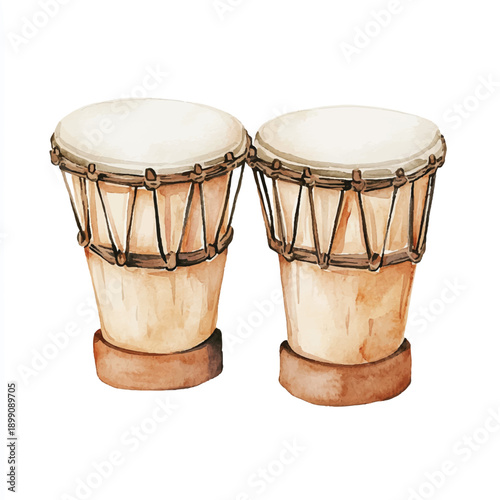 Watercolor painting of two bongo drums side by side.