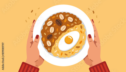 Person holding plate of pancakes with egg and nuts on orange background  