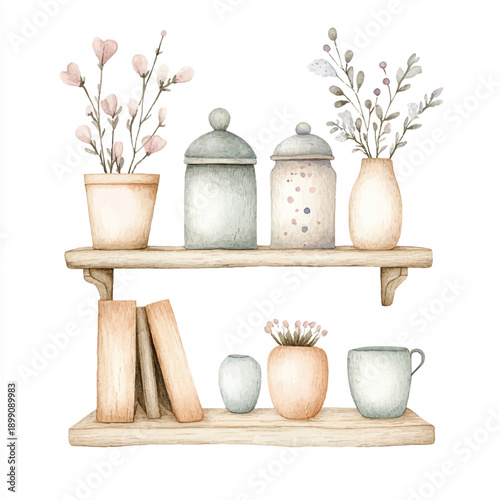 Watercolor Shelf Still Life with Books Jars Vases and Flowers.