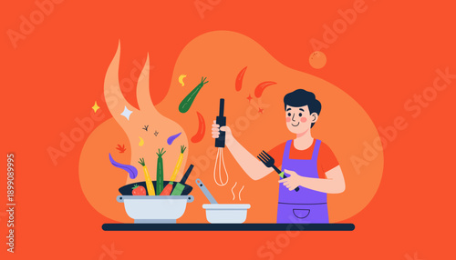 Young man cooking with fresh vegetables and stirring pot in kitchen  