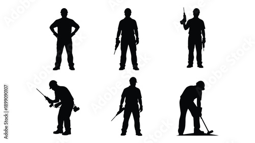 Silhouettes of people in various poses with weapons and tools. Vector