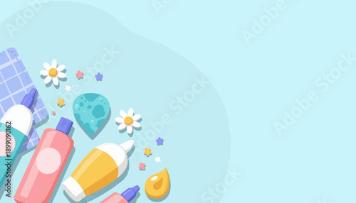 Colorful art supplies arranged on pastel blue background  