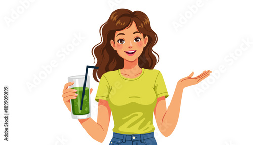 Young woman smiling while holding green smoothie with straw  