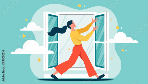 Woman opening window while stepping outside in bright colors  