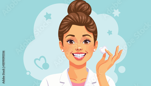 Young woman dentist smiling and holding dental tool with background  