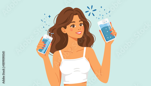 Young woman holding two bottles of water and smiling happily  