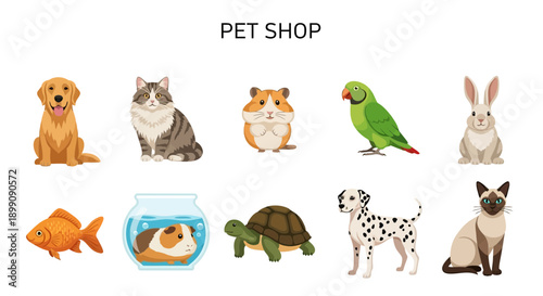 A collection of ten distinct pet animals illustrated against a white background under the title PET SHOP