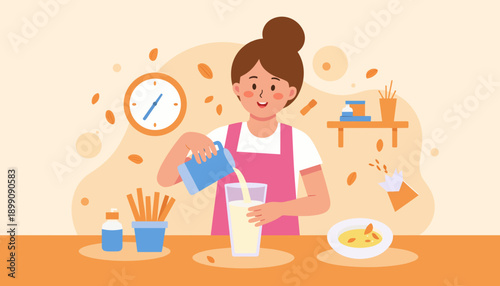 Young woman pouring milk into glass in cozy kitchen setting  