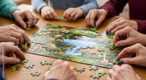 Multiple hands are seen placing green and blue pieces to complete a nature scene on a wooden table