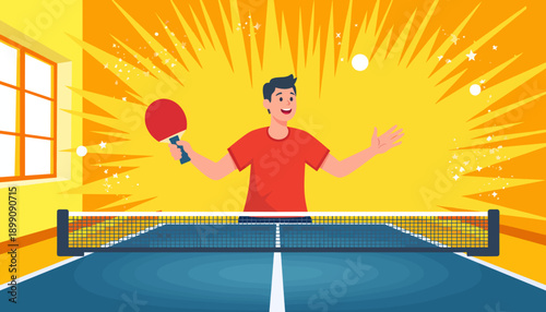 Young man playing table tennis with a cheerful expression indoors  