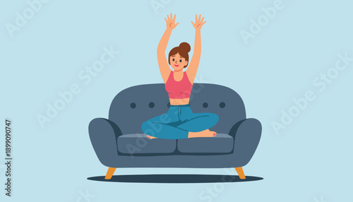 Young woman stretching happily while sitting on a sofa at home  