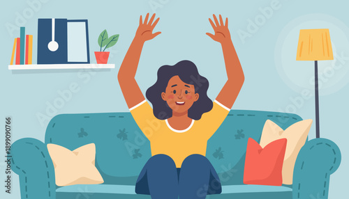 Happy woman celebrating while sitting on a couch at home  