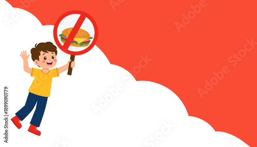 Happy child holding no burger sign with cheerful expression  