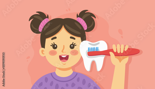 Girl brushing her teeth with red toothbrush and smiling happily  
