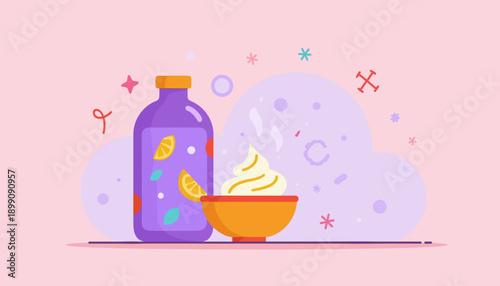 Colorful bottle and bowl of ice cream on pastel background  