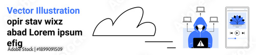 Cybersecurity, cloud storage, data protection, hacking, digital safety, online security. A cloud, hacker with laptop and secured smartphone . Cybersecurity and cloud storage concept