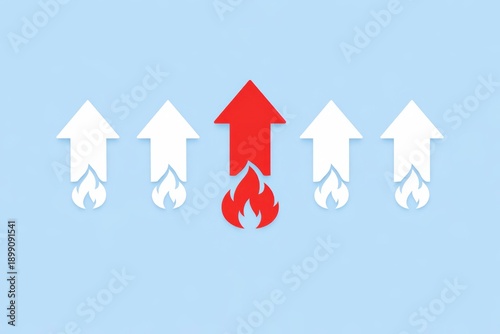 Ascension of Innovation:  An animated display of arrows, with one ablaze, against a cool-toned background, symbolizing progress, dynamism, and leadership.