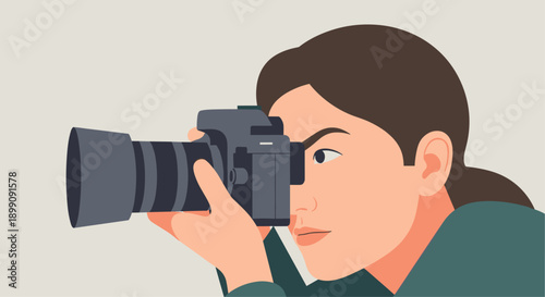 Close-Up Profile of a Female Photographer Looking Through the Viewfinder of a Professional DSLR Camera with a Focus and Determination Expression