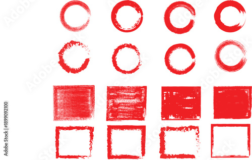A collection of red painted circle and square shapes on a white background with varying levels of distress