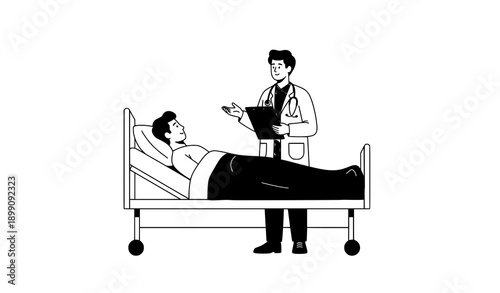 Doctor Talking to Patient in Hospital Bed Vector Illustration on White Background