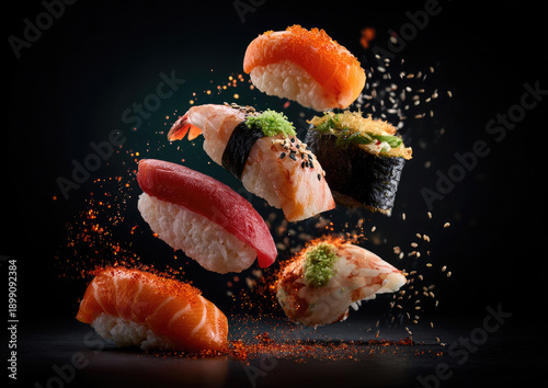 Variety of colorful sushi pieces in air