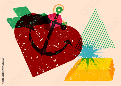 Risograph Heart and Anchor with geometric shapes. Objects in trendy riso graph print texture style design with geometry elements.