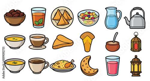 Collection of Ramadan iftar food and drink items including dates, samosas, soup, rice, juice, and traditional lantern for breaking the fast